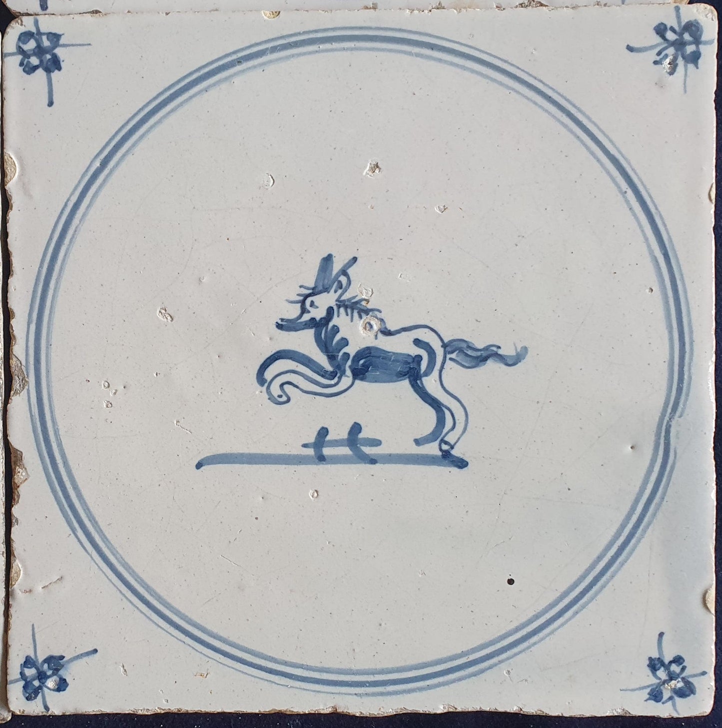 4 x Antique Delft Tile: 1780s Springer with animals