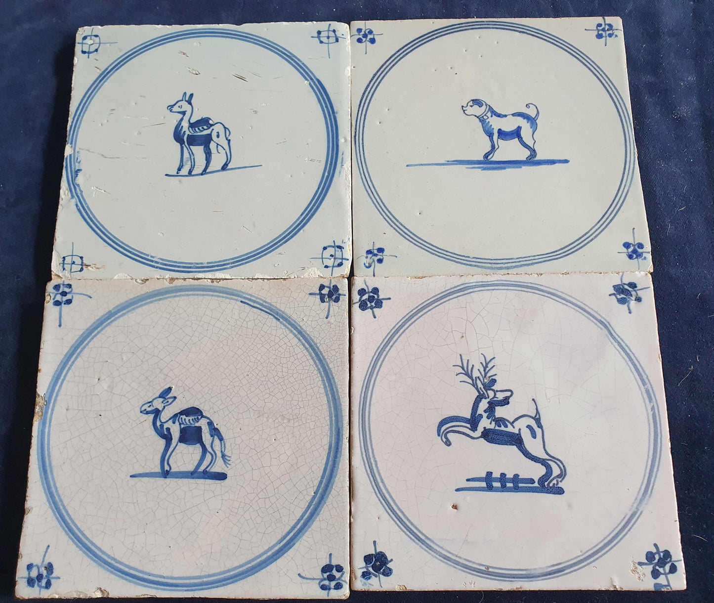4 x Antique Delft Tile: 1780s Springer with animals