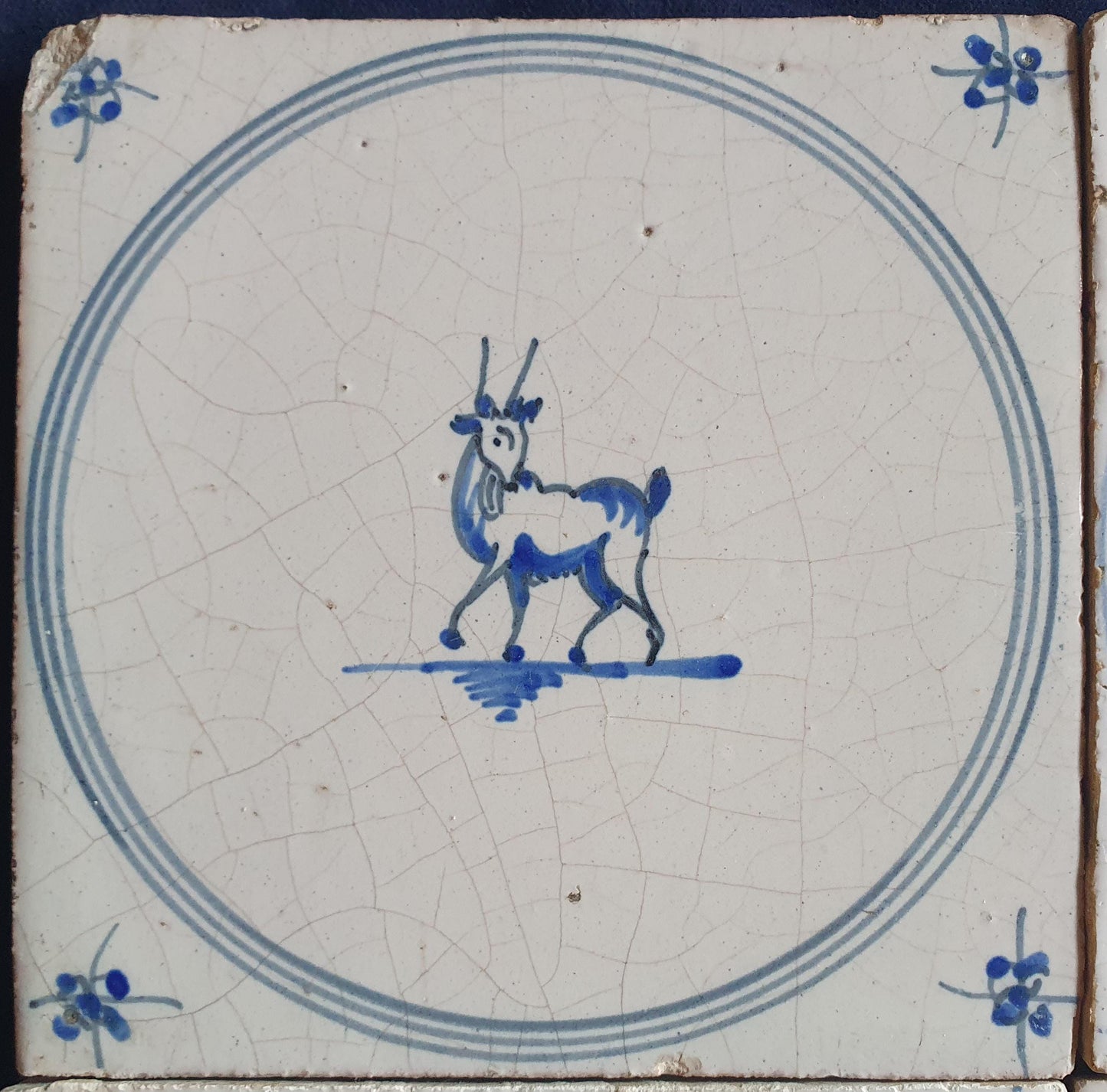 4 x Antique Delft Tile: 1780s Springer with animals