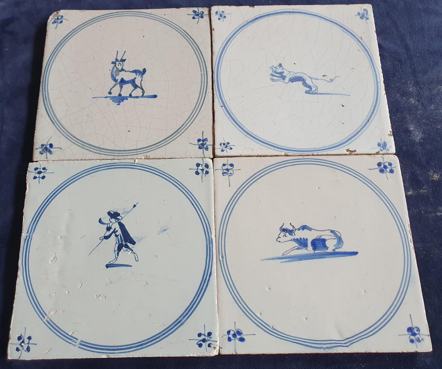 4 x Antique Delft Tile: 1780s Springer with animals