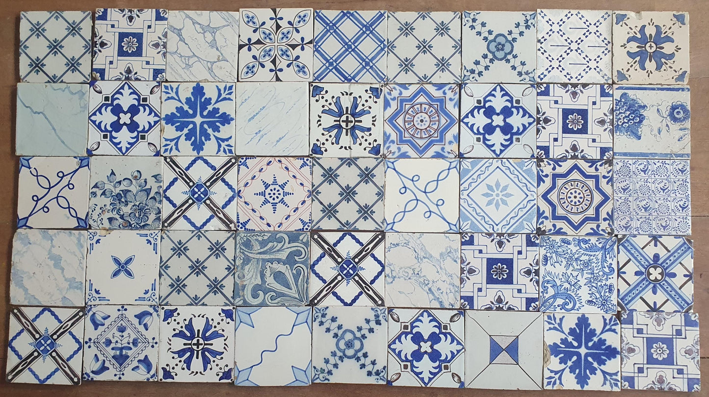 45 x Dutch Delft Blue Tile Ormanent, mix, 18th-19th century, antique collectable and backsplash fireplace kitchen tiles. ornamenttile