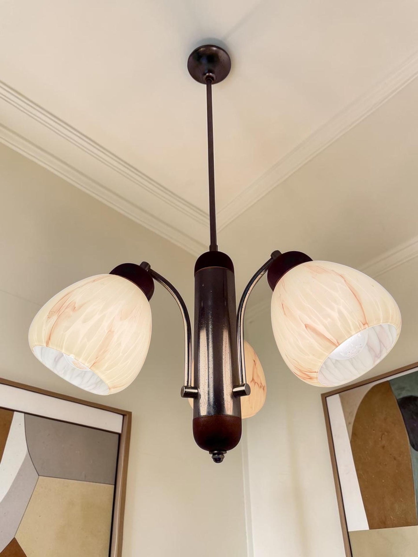 1930s Art Deco Bauhaus Chandelier – Chrome, Wood & Marbled Glass – Czechoslovakia