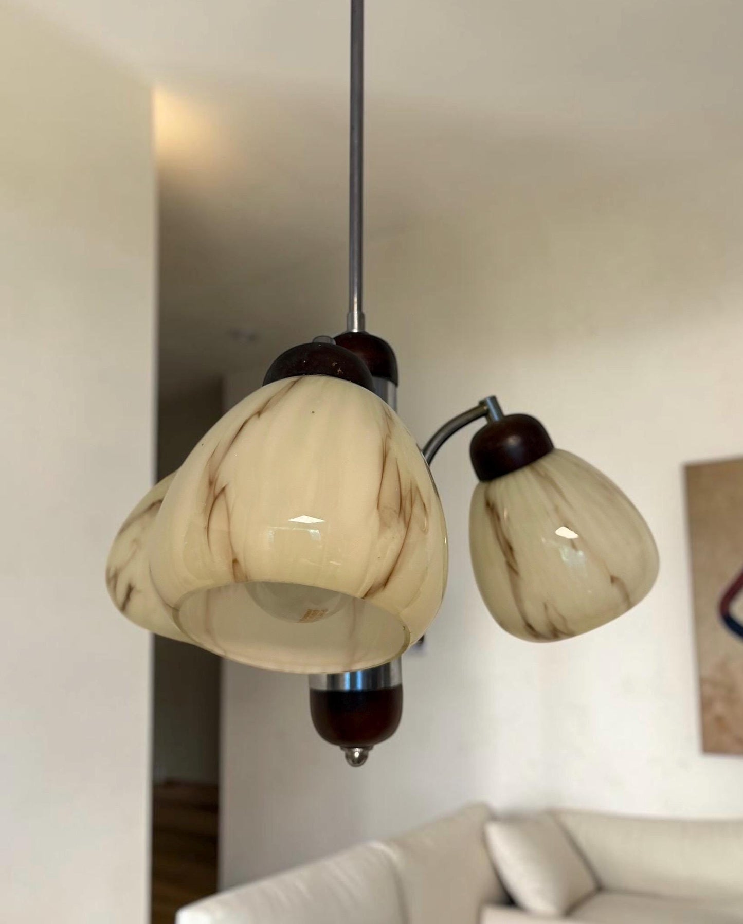 1930s Art Deco Bauhaus Chandelier – Chrome, Wood & Marbled Glass – Czechoslovakia