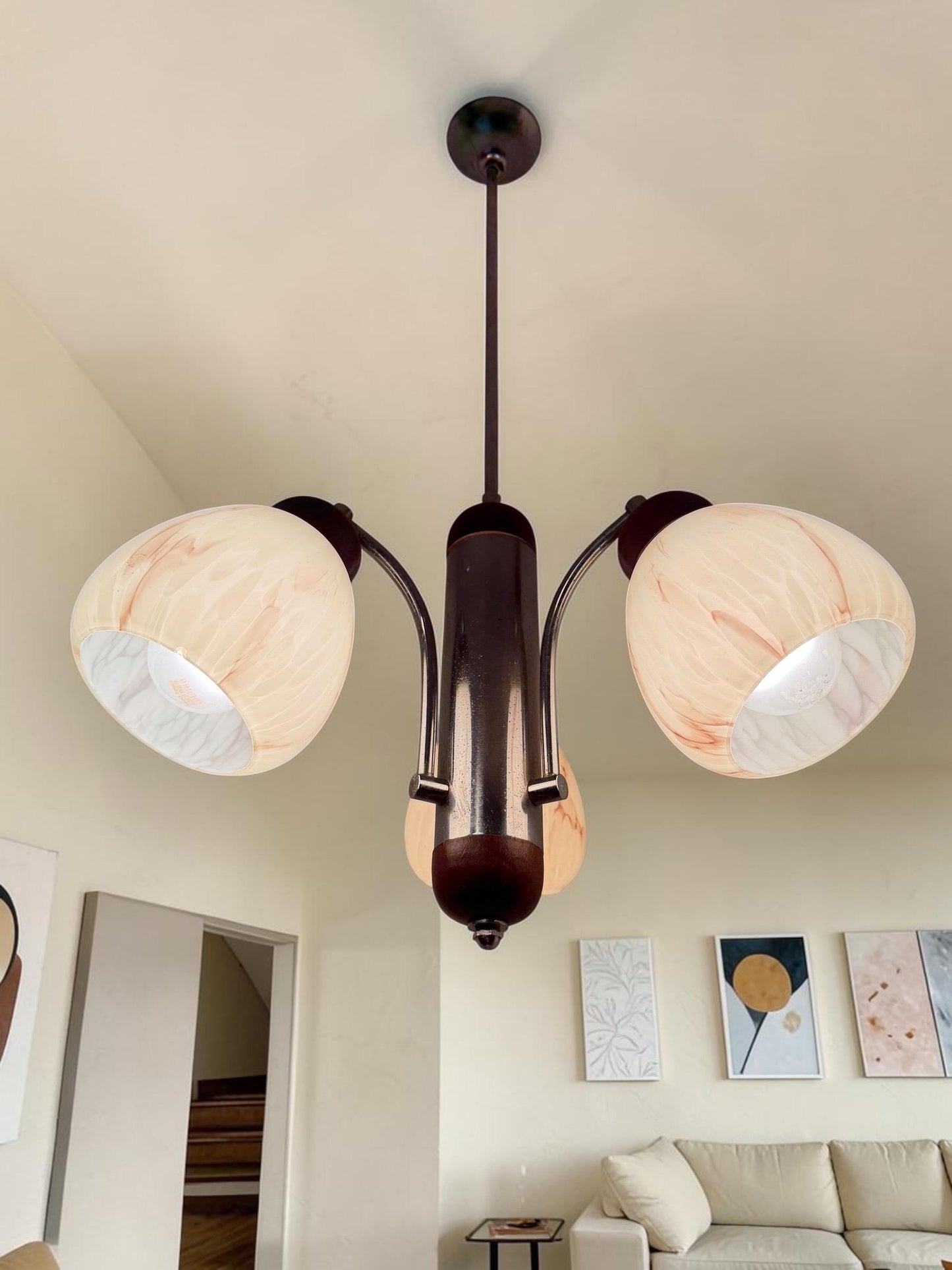 1930s Art Deco Bauhaus Chandelier – Chrome, Wood & Marbled Glass – Czechoslovakia