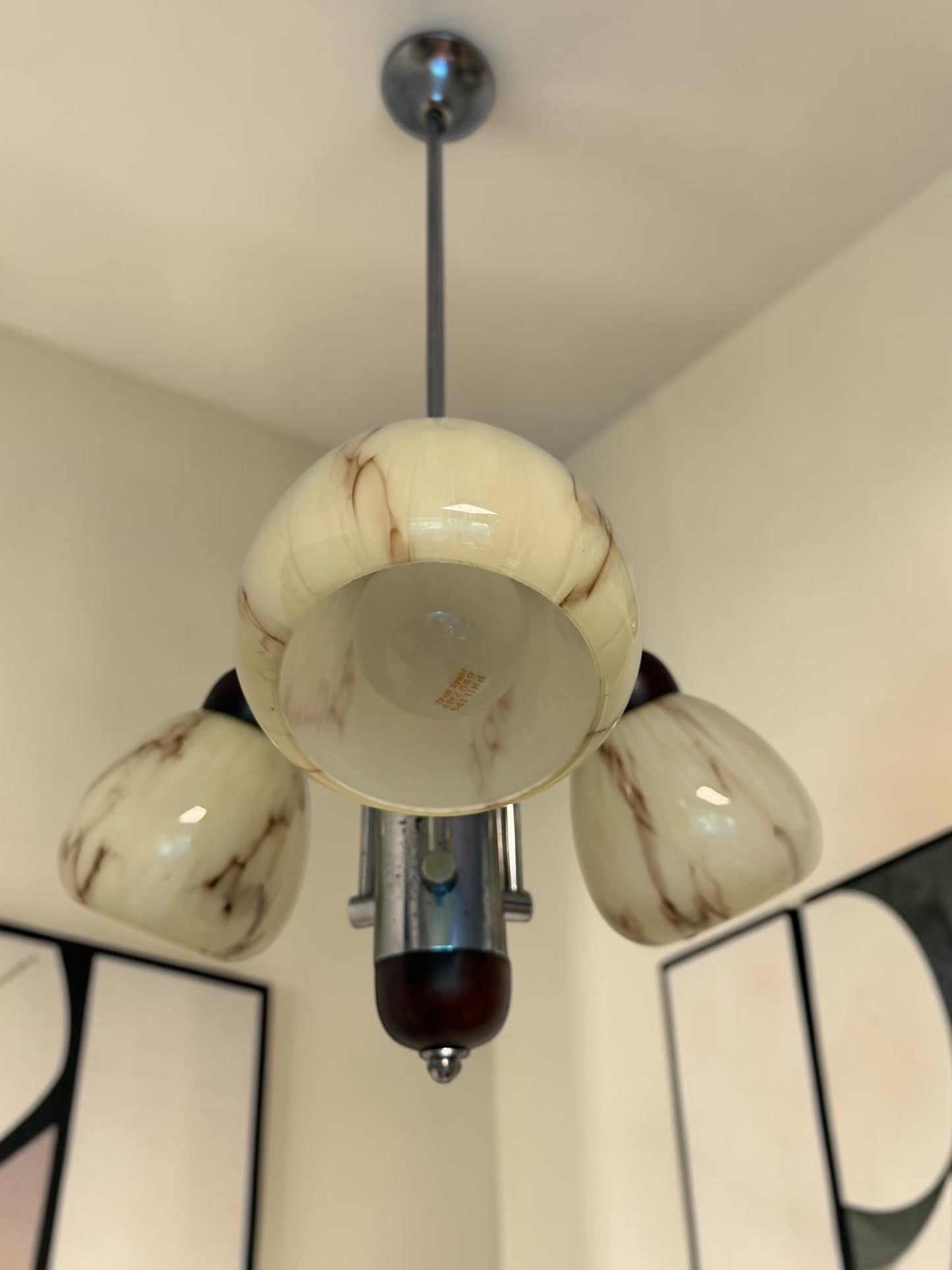 1930s Art Deco Bauhaus Chandelier – Chrome, Wood & Marbled Glass – Czechoslovakia