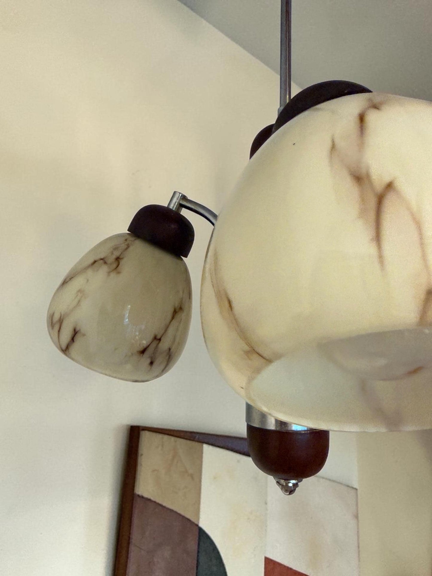1930s Art Deco Bauhaus Chandelier – Chrome, Wood & Marbled Glass – Czechoslovakia