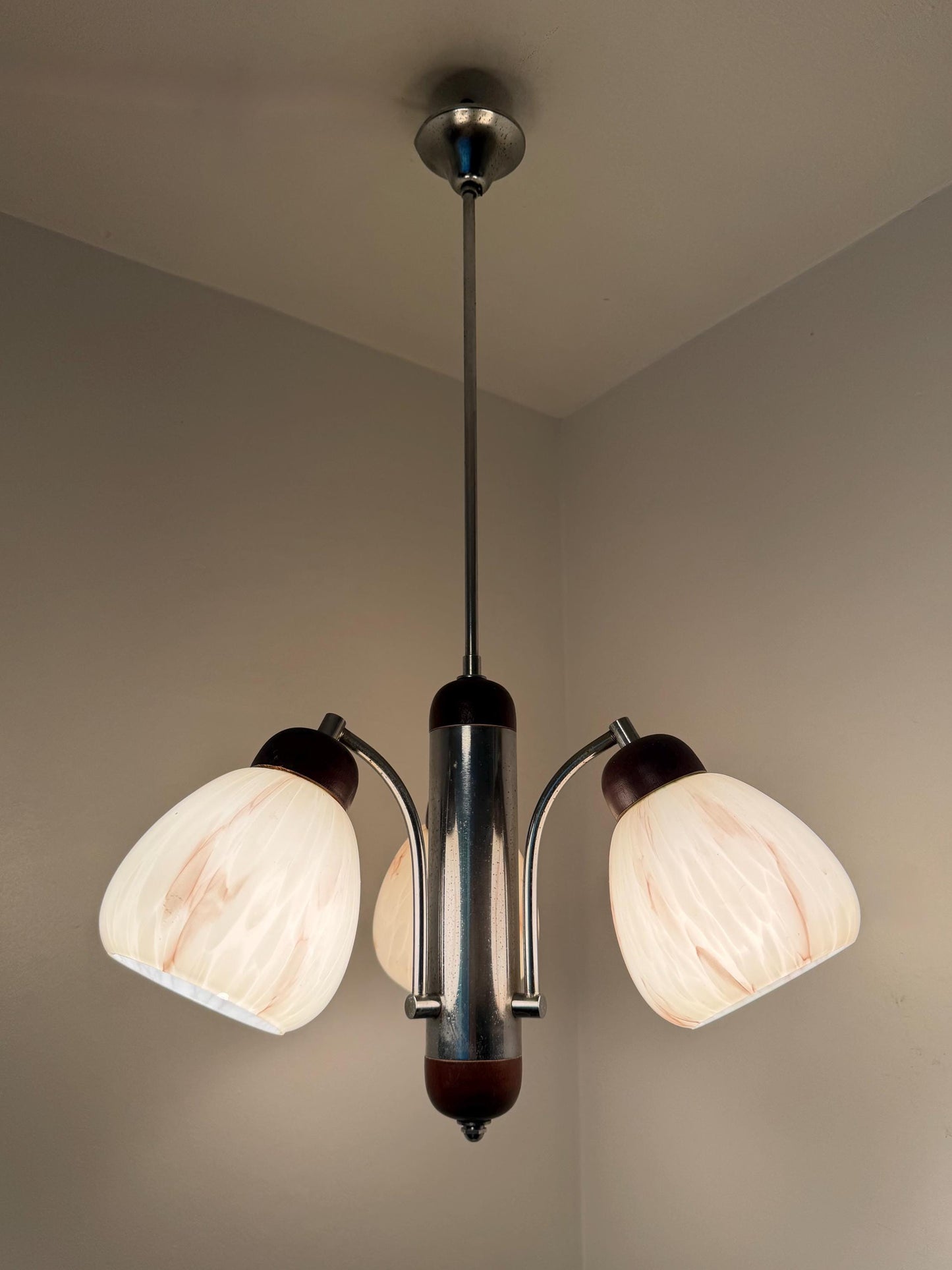 1930s Art Deco Bauhaus Chandelier – Chrome, Wood & Marbled Glass – Czechoslovakia