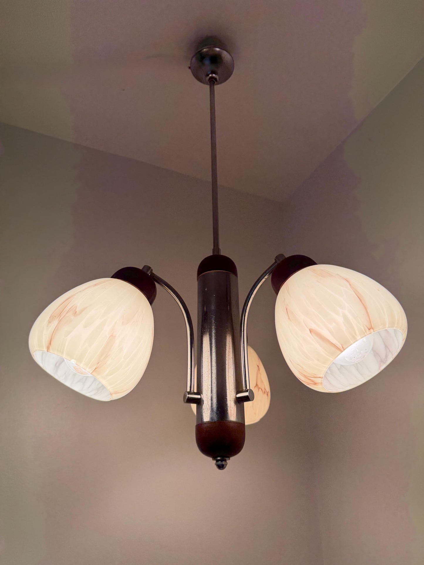 1930s Art Deco Bauhaus Chandelier – Chrome, Wood & Marbled Glass – Czechoslovakia