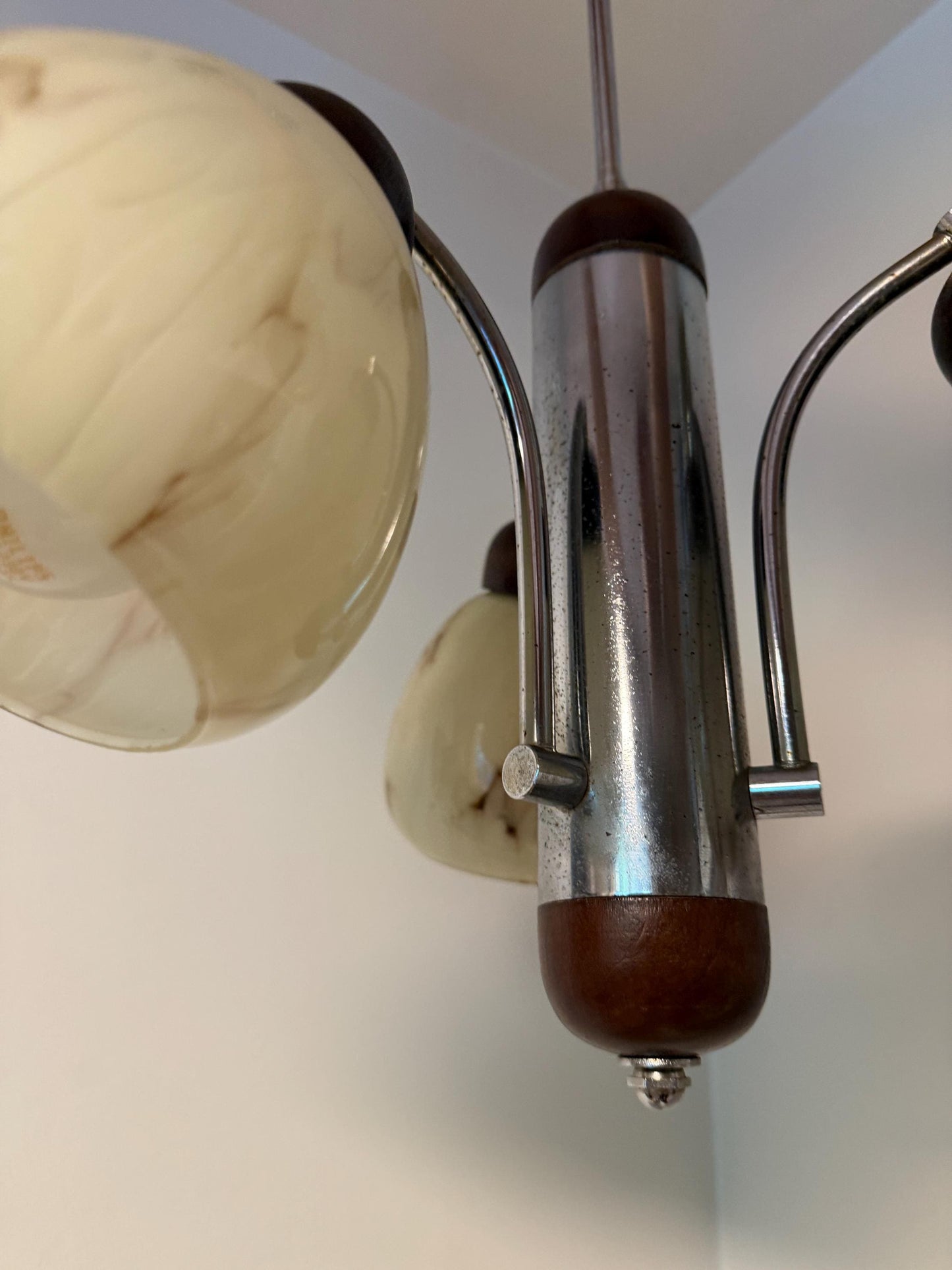 1930s Art Deco Bauhaus Chandelier – Chrome, Wood & Marbled Glass – Czechoslovakia