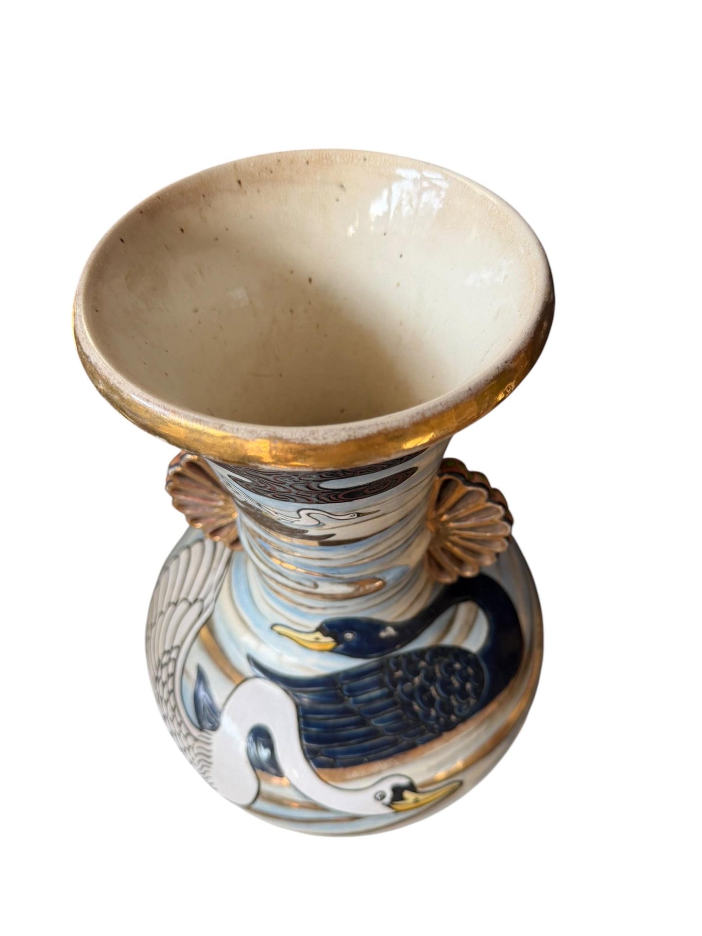Large Antique Japanese Kinkozan Kyoto Vase with Water Birds: ducks, geese  – Meiji Period . Rare 19th century Satsuma export vase, 40 cm