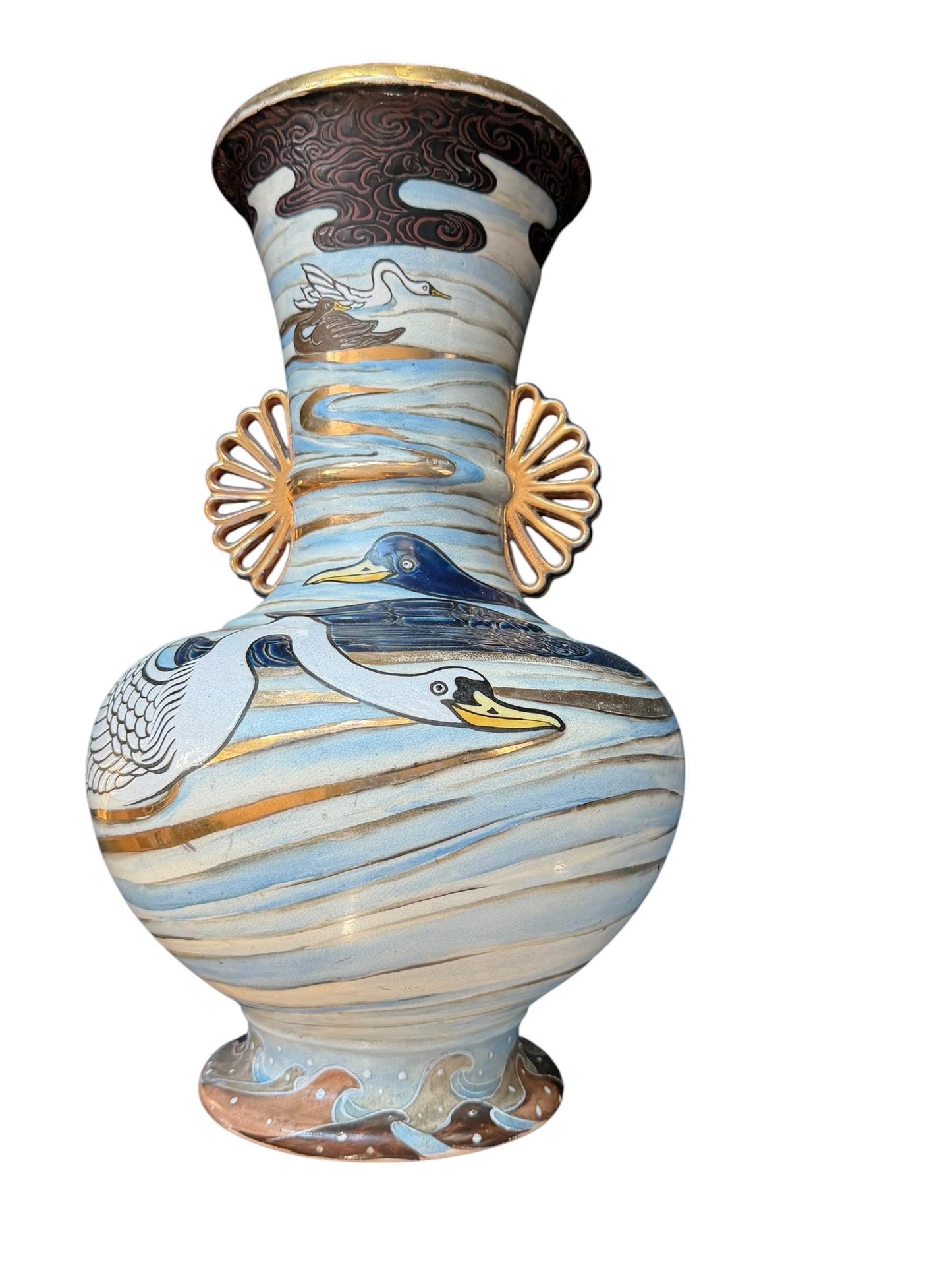 Large Antique Japanese Kinkozan Kyoto Vase with Water Birds: ducks, geese  – Meiji Period . Rare 19th century Satsuma export vase, 40 cm