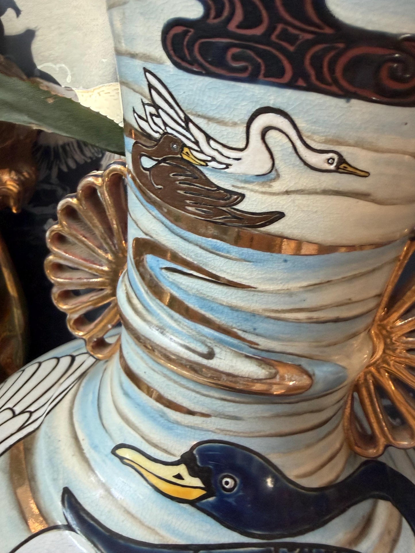 Large Antique Japanese Kinkozan Kyoto Vase with Water Birds: ducks, geese  – Meiji Period . Rare 19th century Satsuma export vase, 40 cm