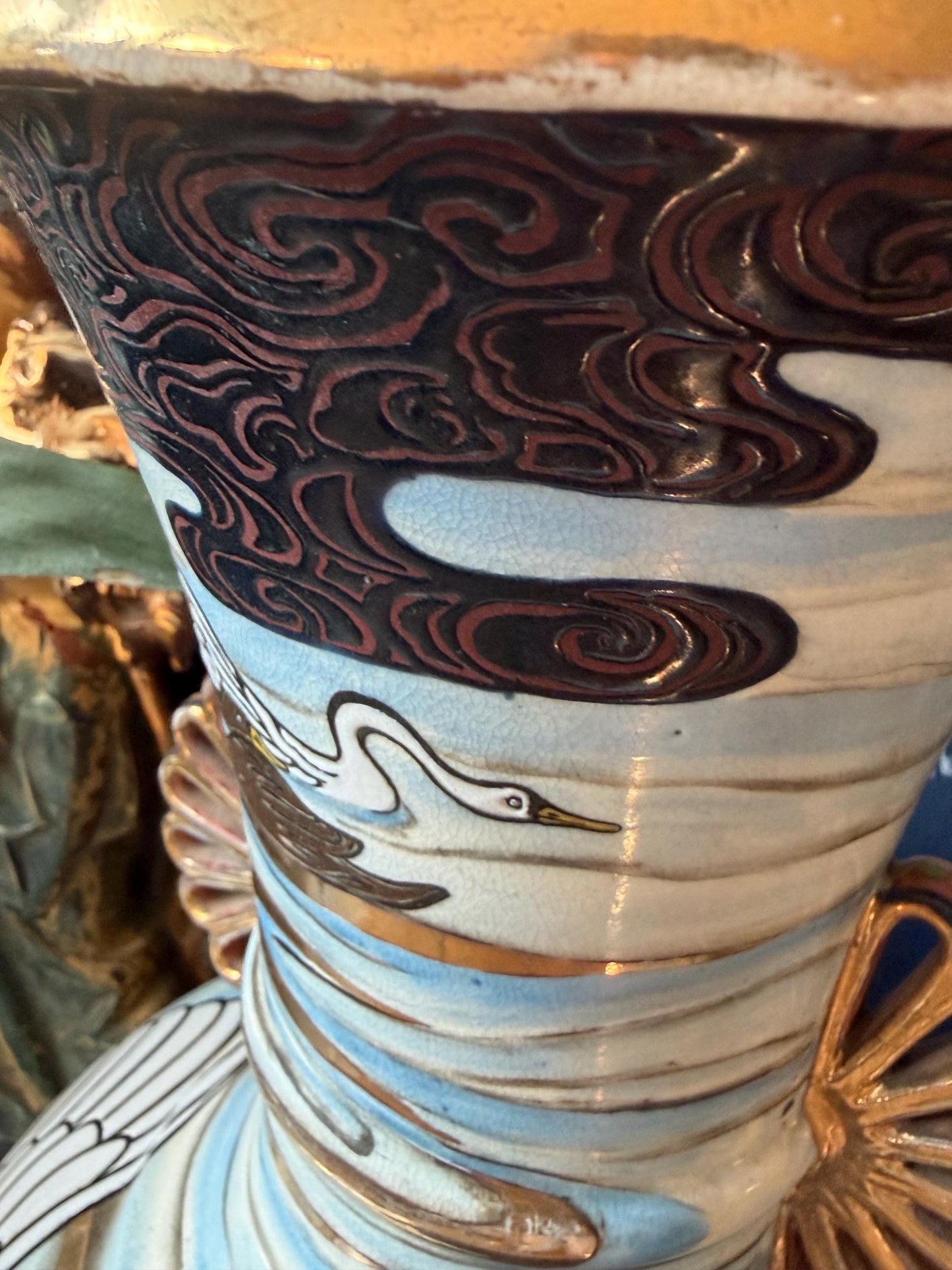 Large Antique Japanese Kinkozan Kyoto Vase with Water Birds: ducks, geese  – Meiji Period . Rare 19th century Satsuma export vase, 40 cm