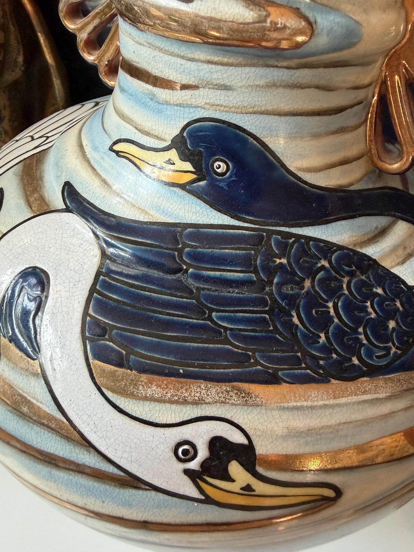 Large Antique Japanese Kinkozan Kyoto Vase with Water Birds: ducks, geese  – Meiji Period . Rare 19th century Satsuma export vase, 40 cm
