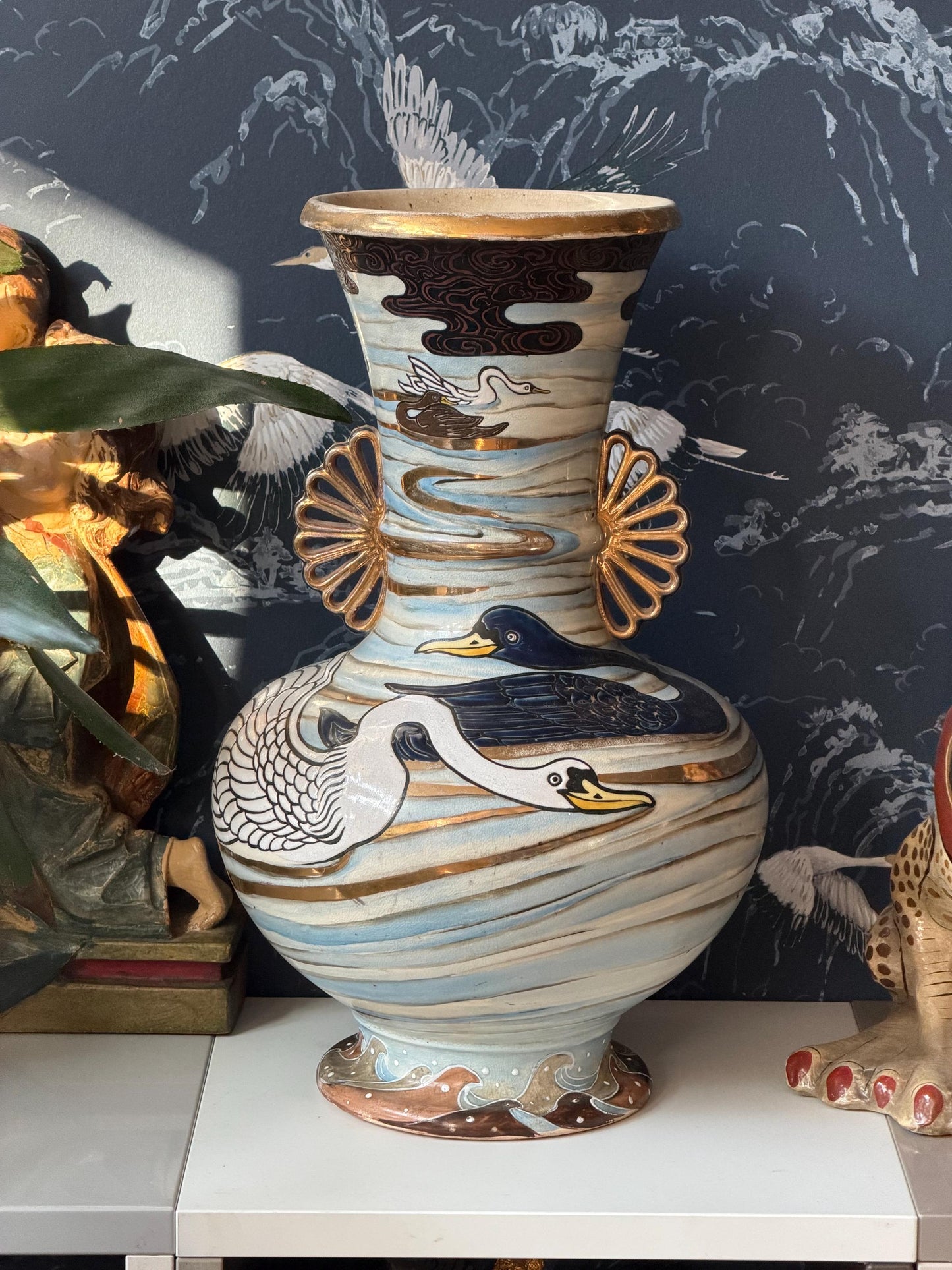 Large Antique Japanese Kinkozan Kyoto Vase with Water Birds: ducks, geese  – Meiji Period . Rare 19th century Satsuma export vase, 40 cm