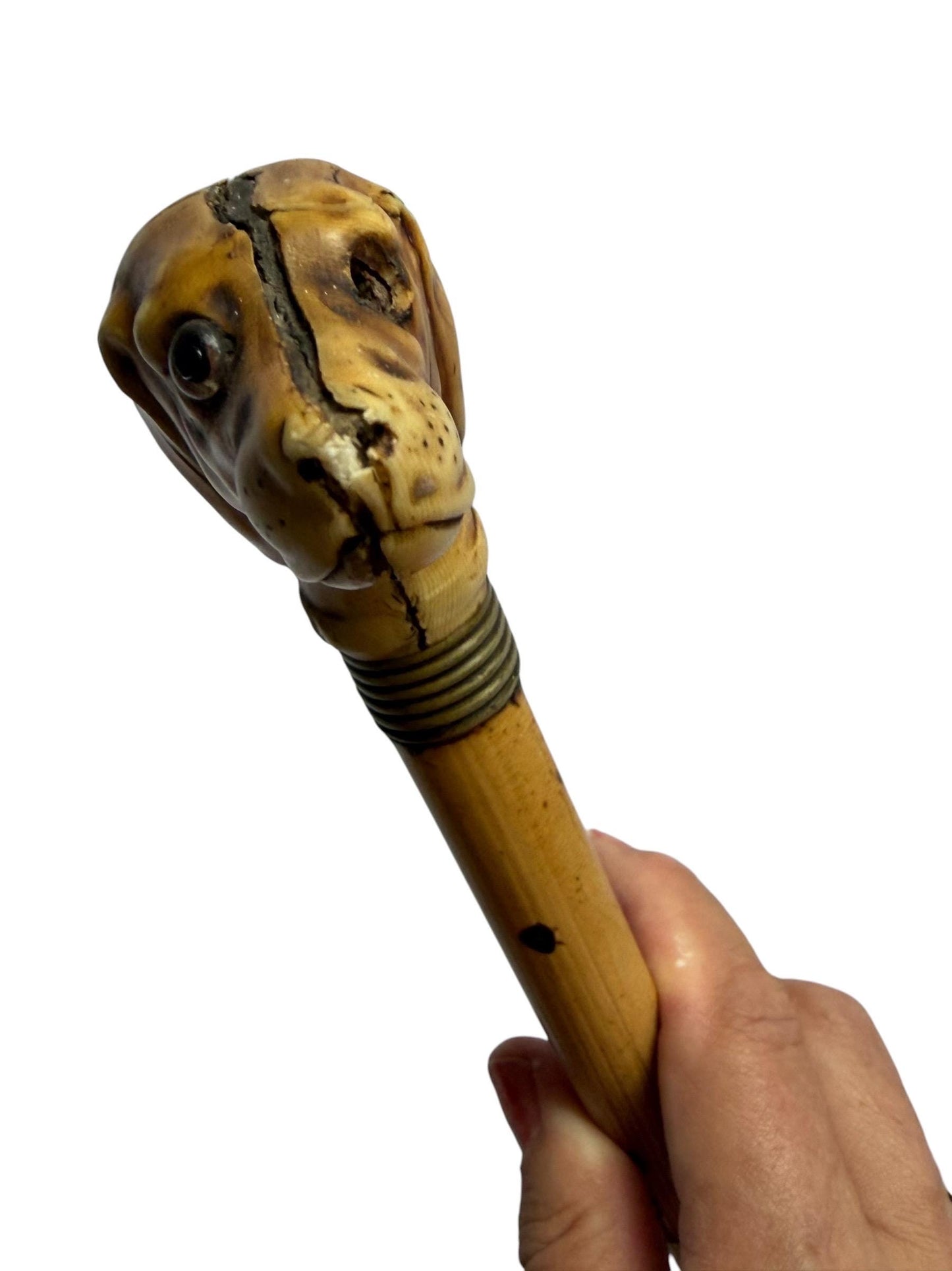 antique walking cane stick with dog , european collection, gentlemen's flannel stick.