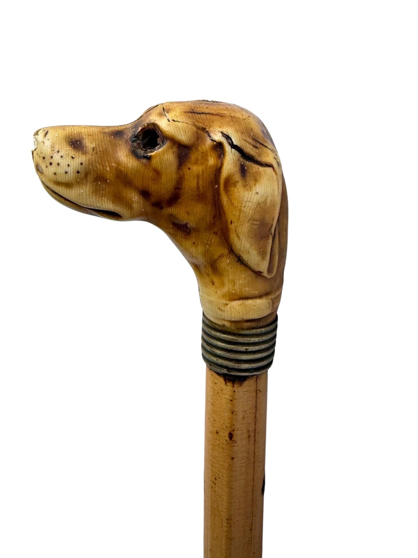 antique walking cane stick with dog , european collection, gentlemen's flannel stick.