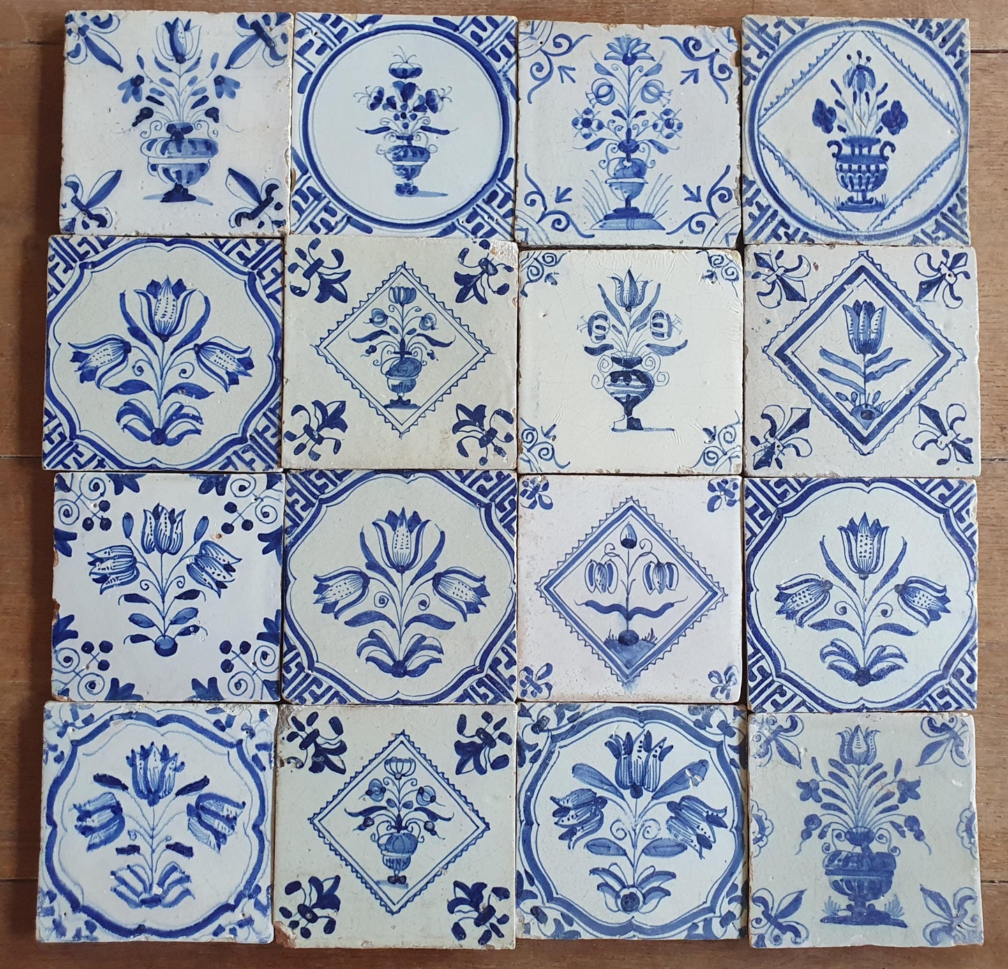 16 xAntique Delft Tulip Tiles, 17th Century Dutch Tilefield (16pc) Around 1620-1640