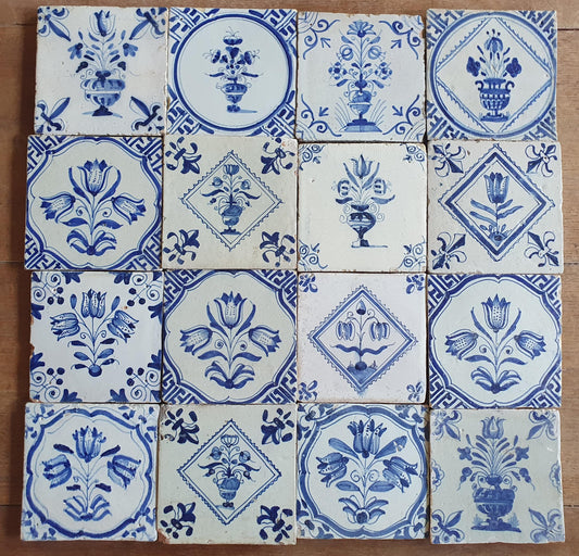 16 xAntique Delft Tulip Tiles, 17th Century Dutch Tilefield (16pc) Around 1620-1640