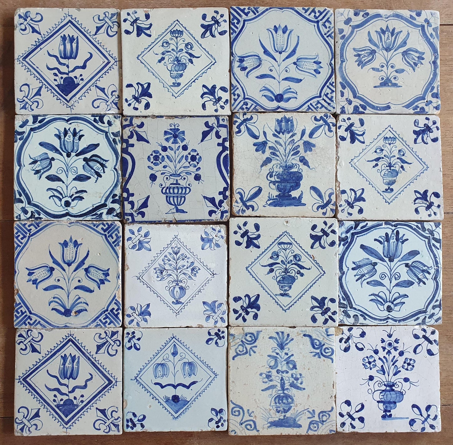 16 xAntique Delft Tulip Tiles, 17th Century Dutch Tilefield (16pc) Around 1620-1640