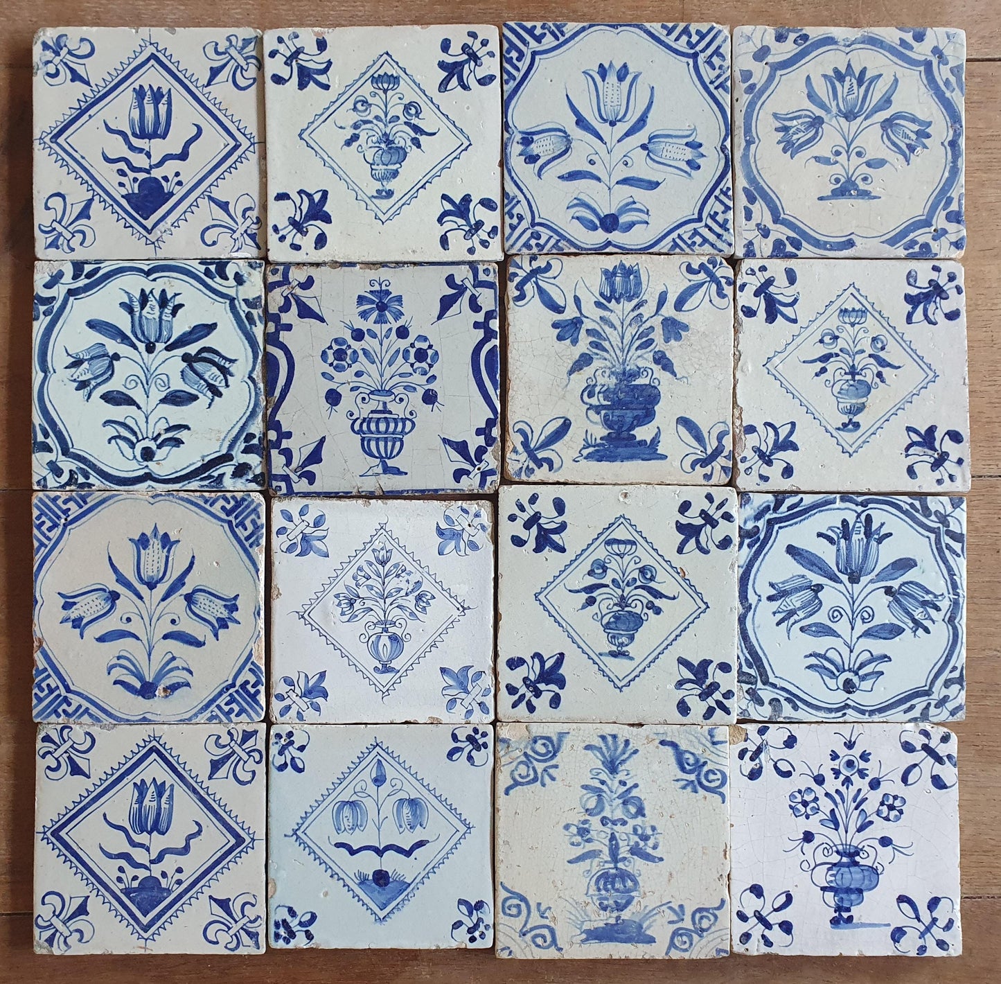 16 xAntique Delft Tulip Tiles, 17th Century Dutch Tilefield (16pc) Around 1620-1640
