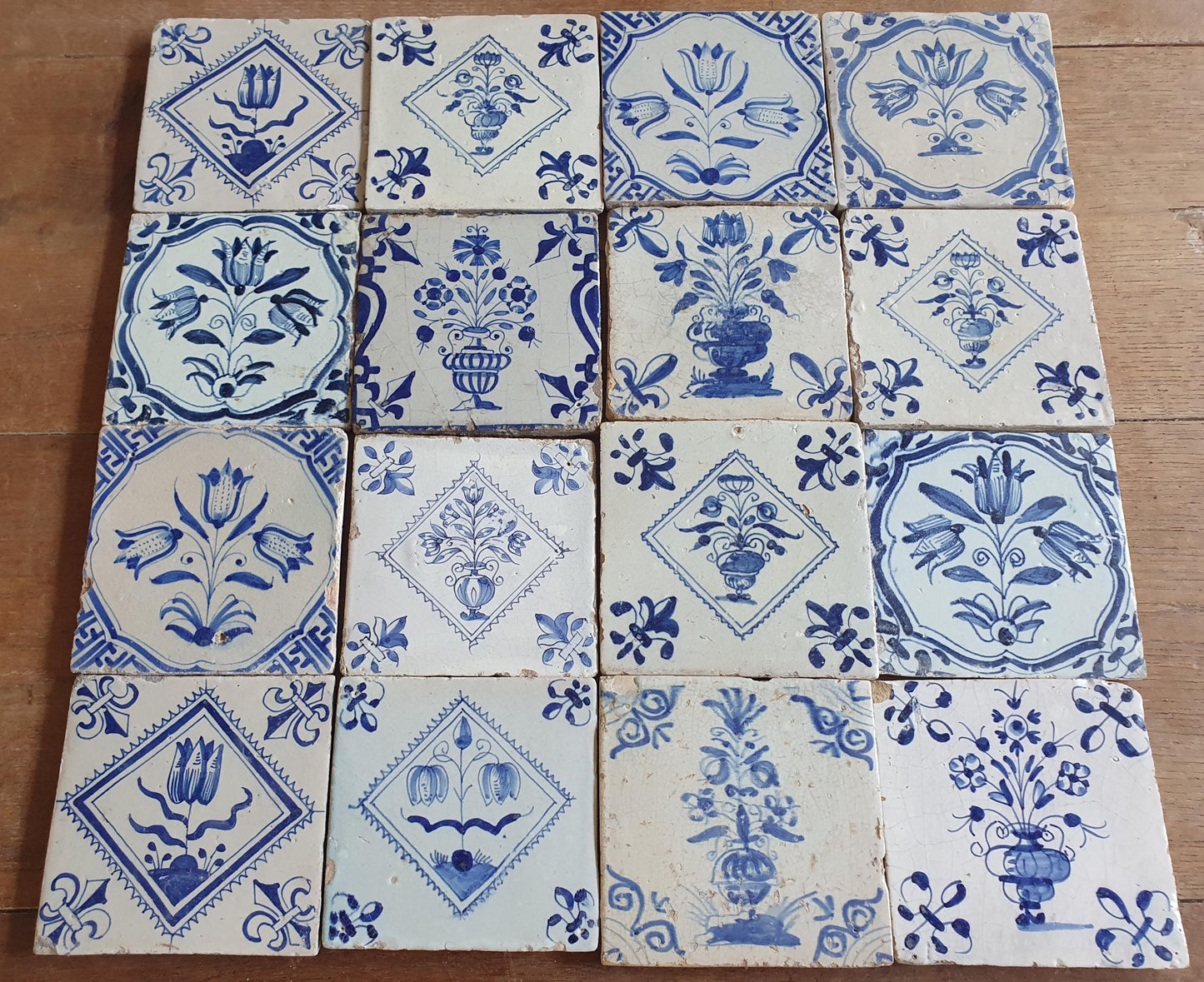 16 xAntique Delft Tulip Tiles, 17th Century Dutch Tilefield (16pc) Around 1620-1640