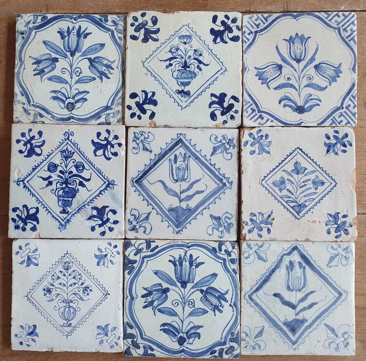 9 xAntique Delft Tulip Tiles, 17th Century Dutch Tilefield (9 pc) Around 1620-1640.