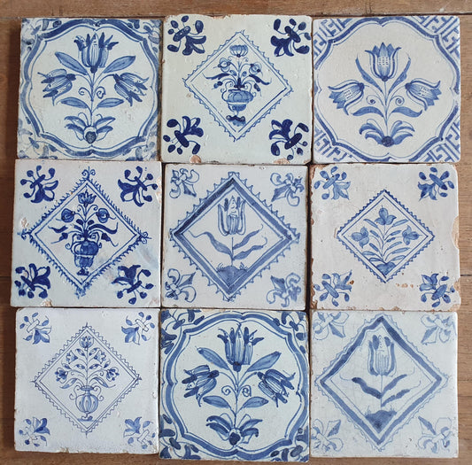 9 xAntique Delft Tulip Tiles, 17th Century Dutch Tilefield (9 pc) Around 1620-1640.