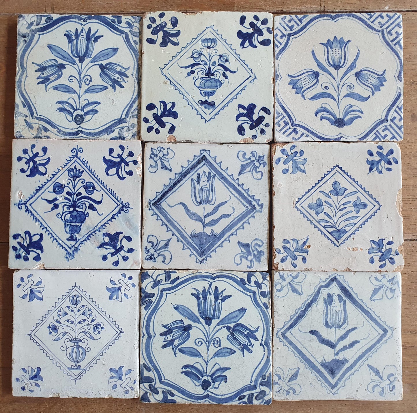 9 xAntique Delft Tulip Tiles, 17th Century Dutch Tilefield (9 pc) Around 1620-1640.