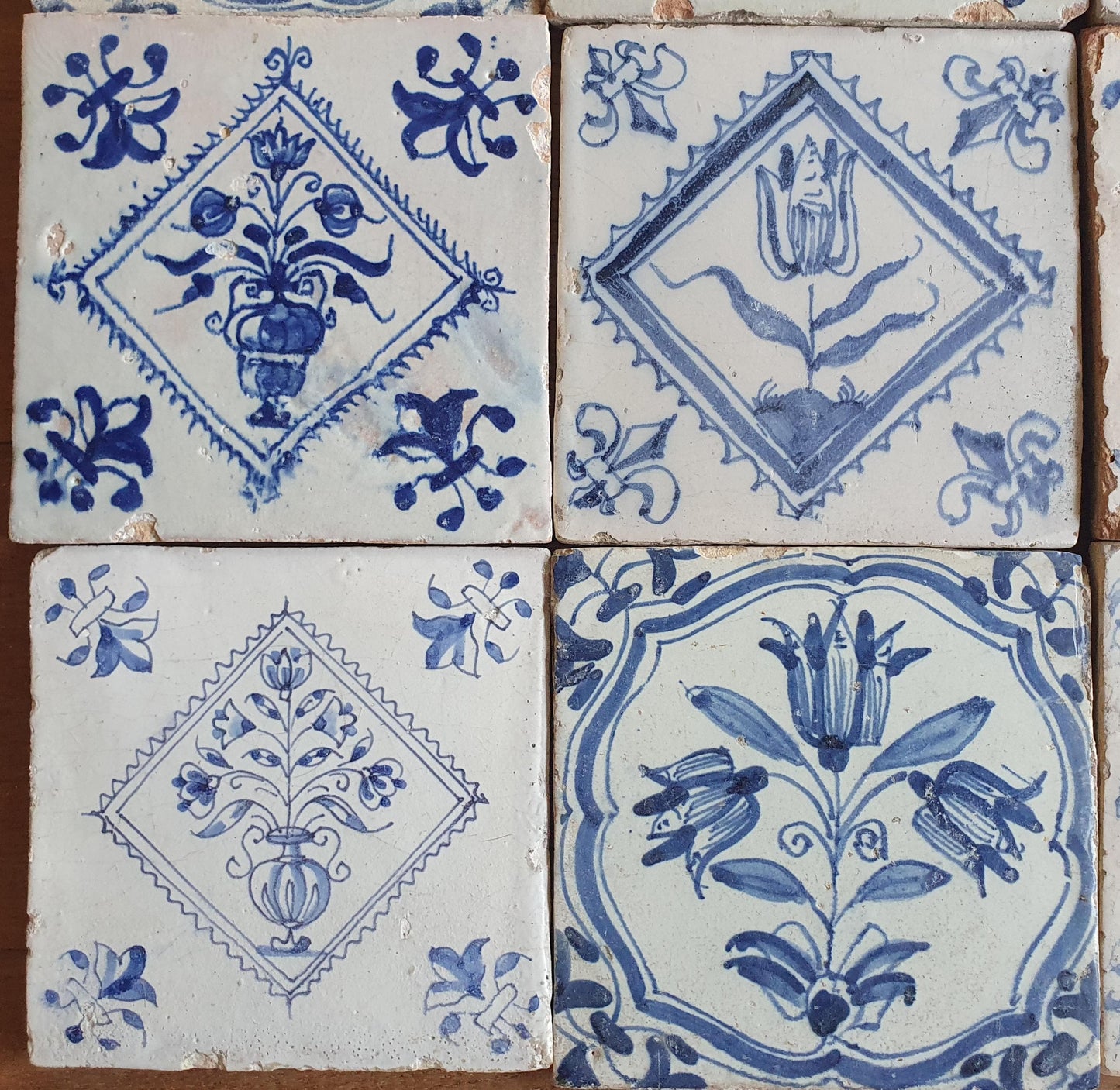 9 xAntique Delft Tulip Tiles, 17th Century Dutch Tilefield (9 pc) Around 1620-1640.