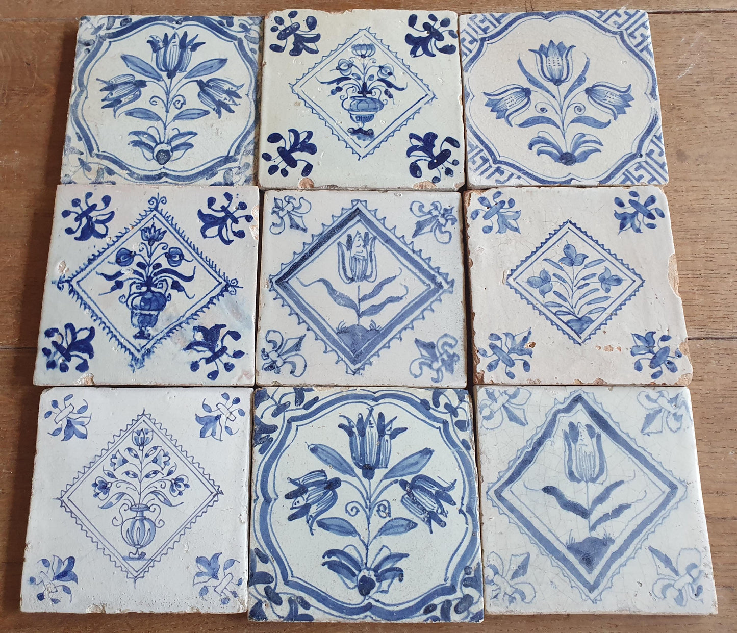 9 xAntique Delft Tulip Tiles, 17th Century Dutch Tilefield (9 pc) Around 1620-1640.