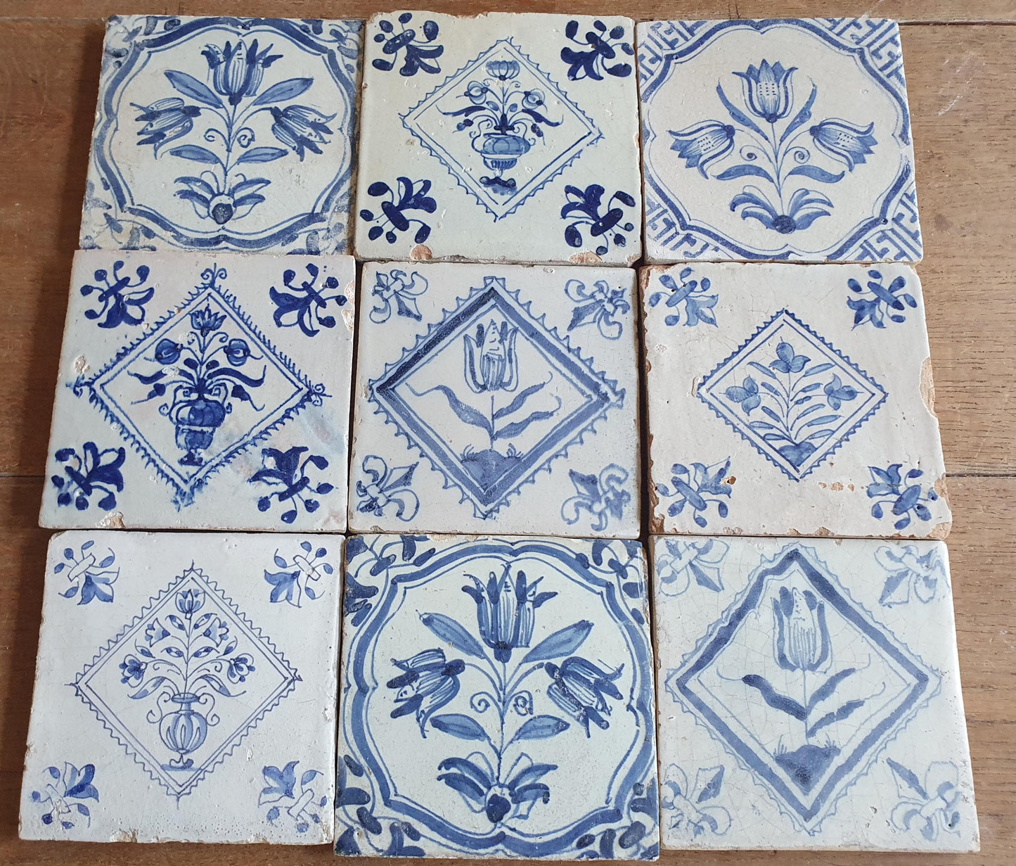 9 xAntique Delft Tulip Tiles, 17th Century Dutch Tilefield (9 pc) Around 1620-1640.