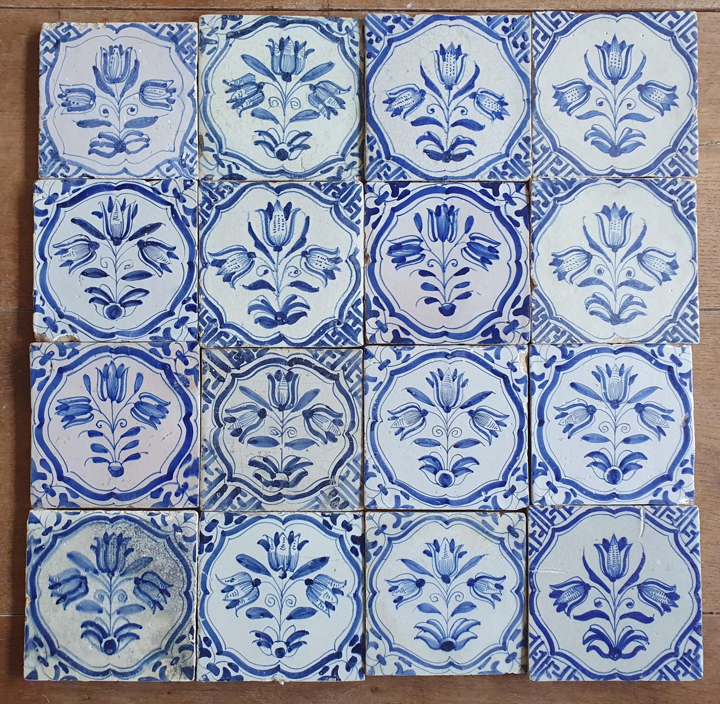 16 xAntique Delft Tulip Tiles, 17th Century Dutch Tilefield (16pc) Around 1620-1640