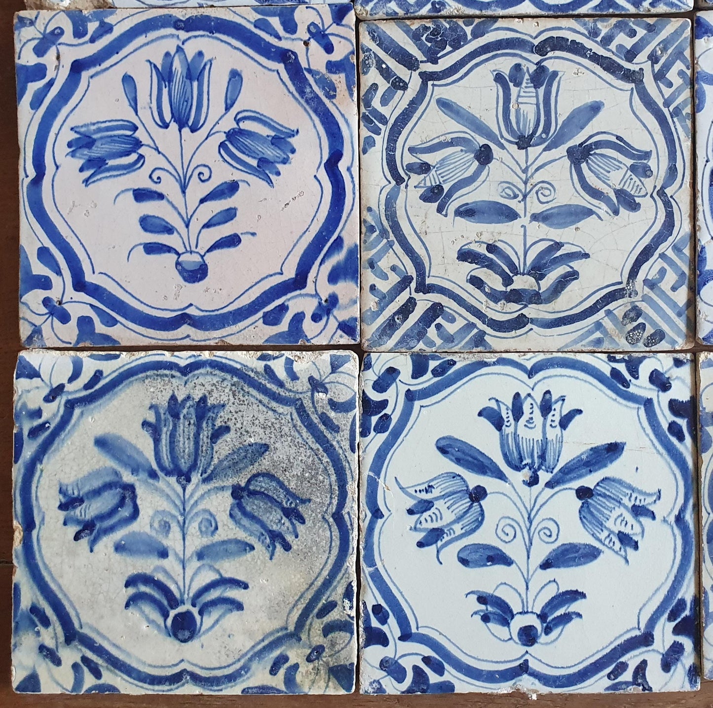 16 xAntique Delft Tulip Tiles, 17th Century Dutch Tilefield (16pc) Around 1620-1640