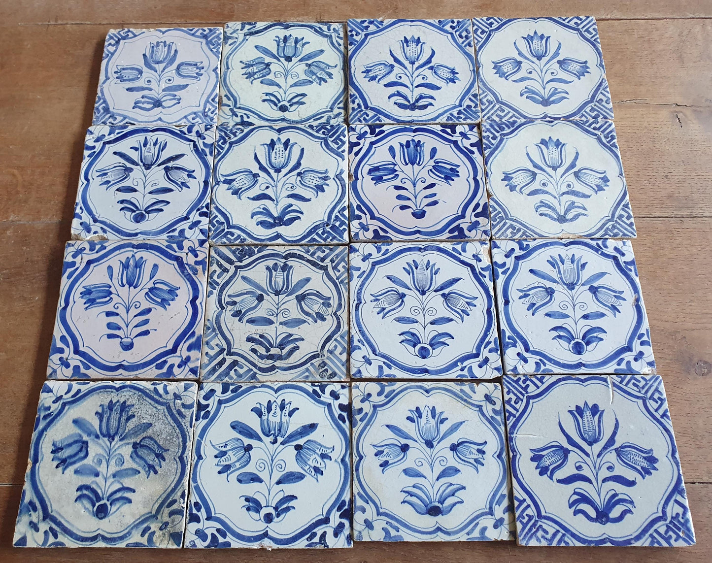 16 xAntique Delft Tulip Tiles, 17th Century Dutch Tilefield (16pc) Around 1620-1640