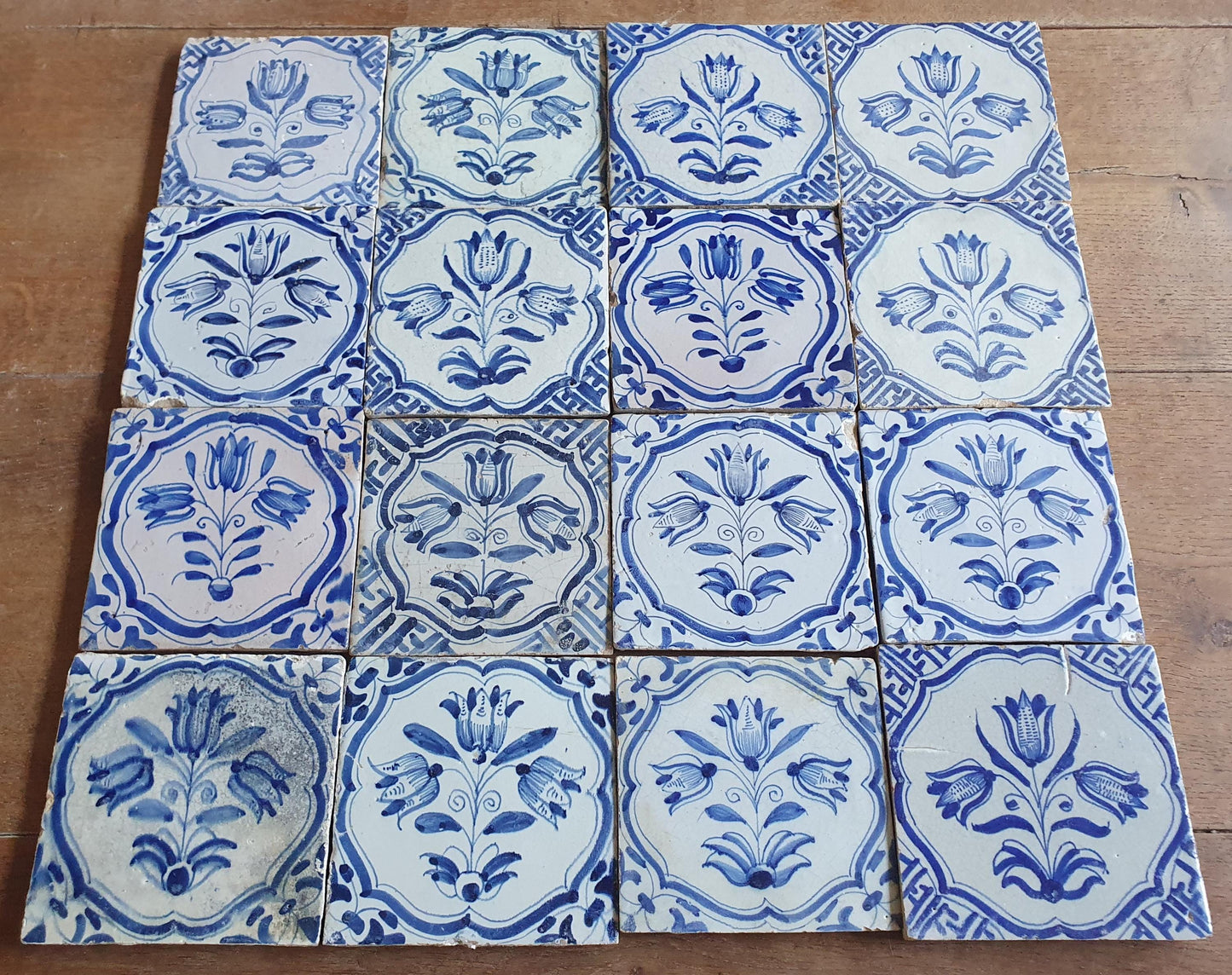 16 xAntique Delft Tulip Tiles, 17th Century Dutch Tilefield (16pc) Around 1620-1640
