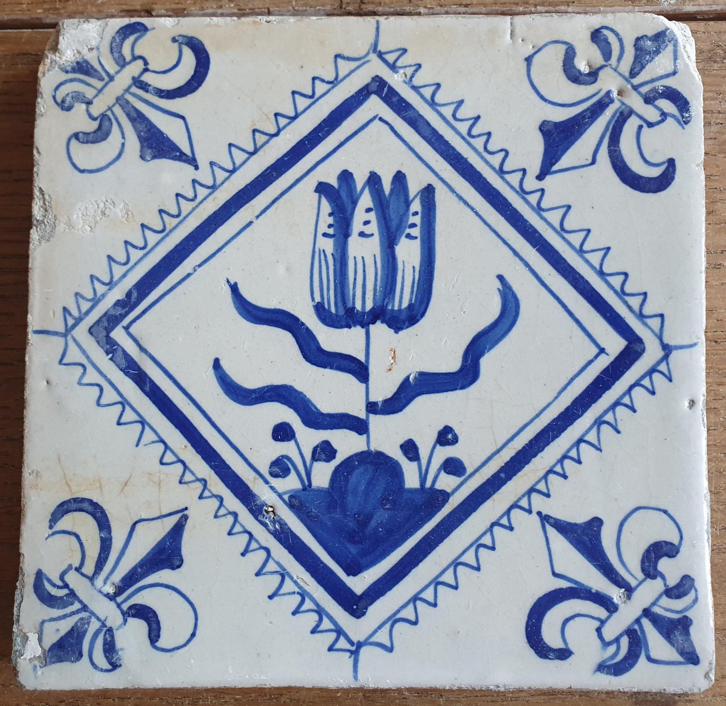 6 xAntique Delft Tulip Tiles, 17th Century Dutch Tilefield Around 1620-1640