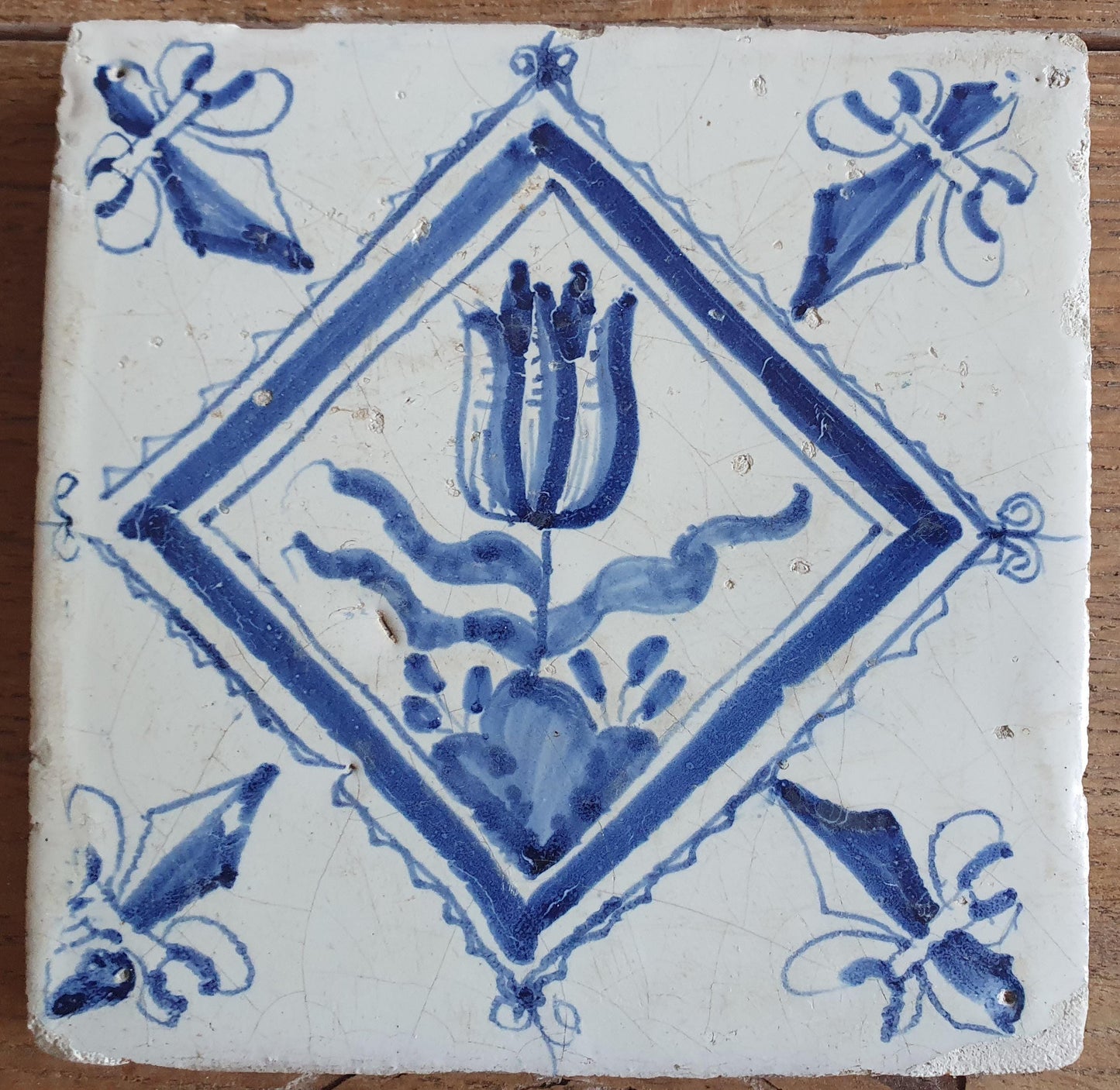 6 xAntique Delft Tulip Tiles, 17th Century Dutch Tilefield Around 1620-1640