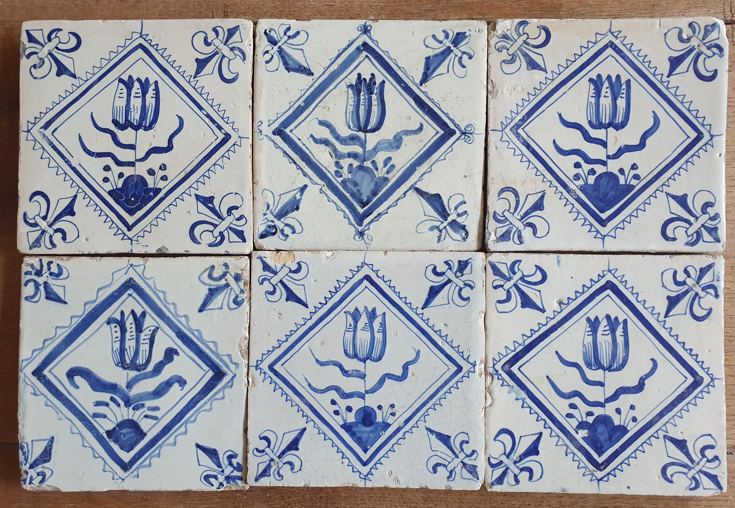6 xAntique Delft Tulip Tiles, 17th Century Dutch Tilefield Around 1620-1640