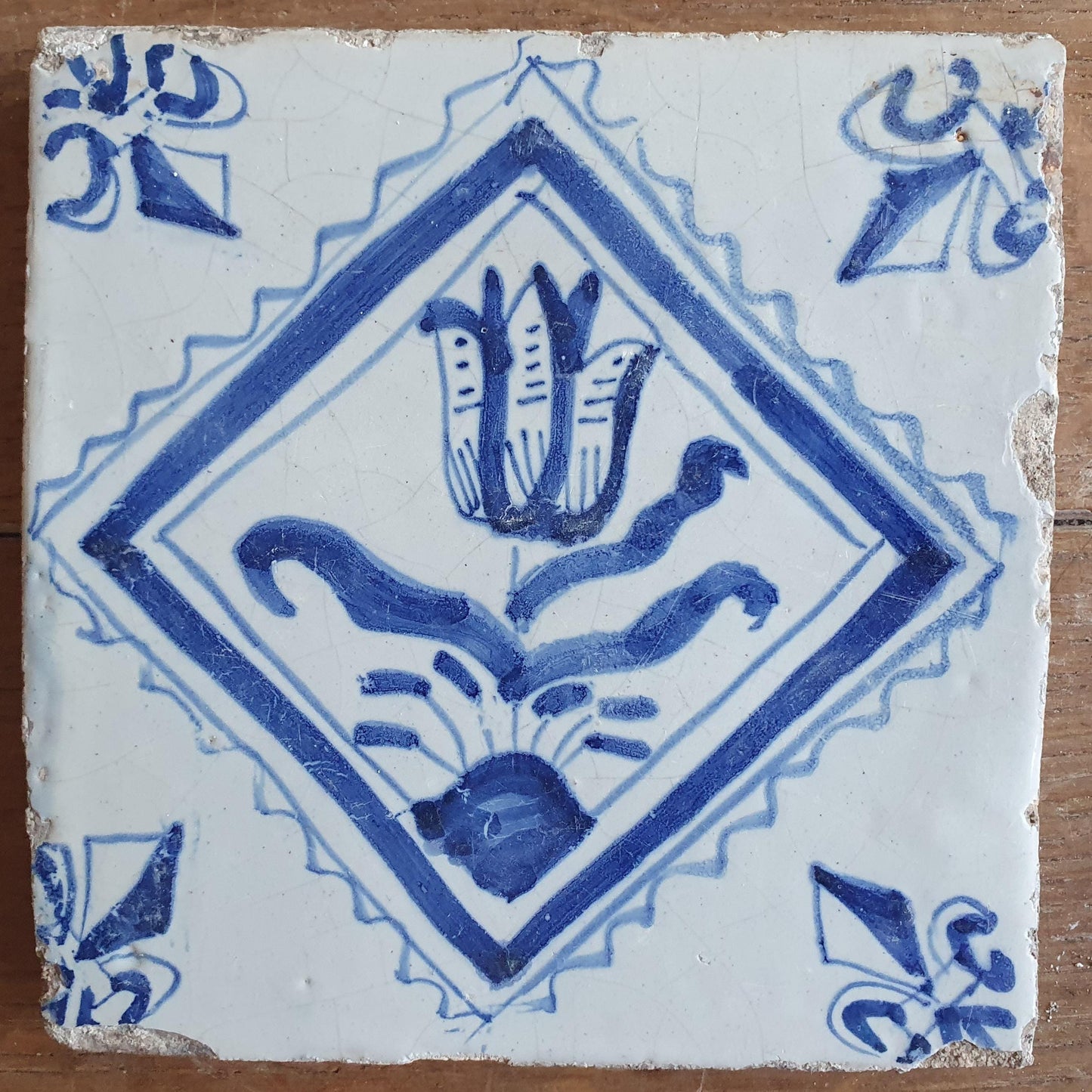 6 xAntique Delft Tulip Tiles, 17th Century Dutch Tilefield Around 1620-1640