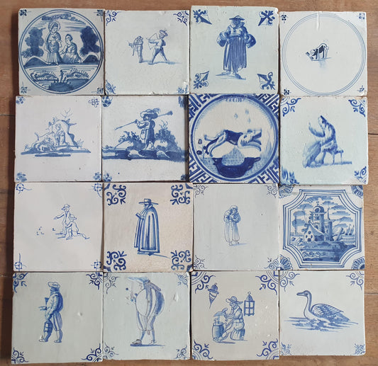 16 x Antique Delft Mix Tiles, 17th-19th  Century Dutch Wall Decor. tile