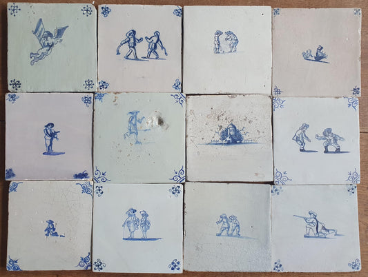 12 x Antique Delft Mix Tiles, 17th-19th  Century Dutch Wall Decor. tile