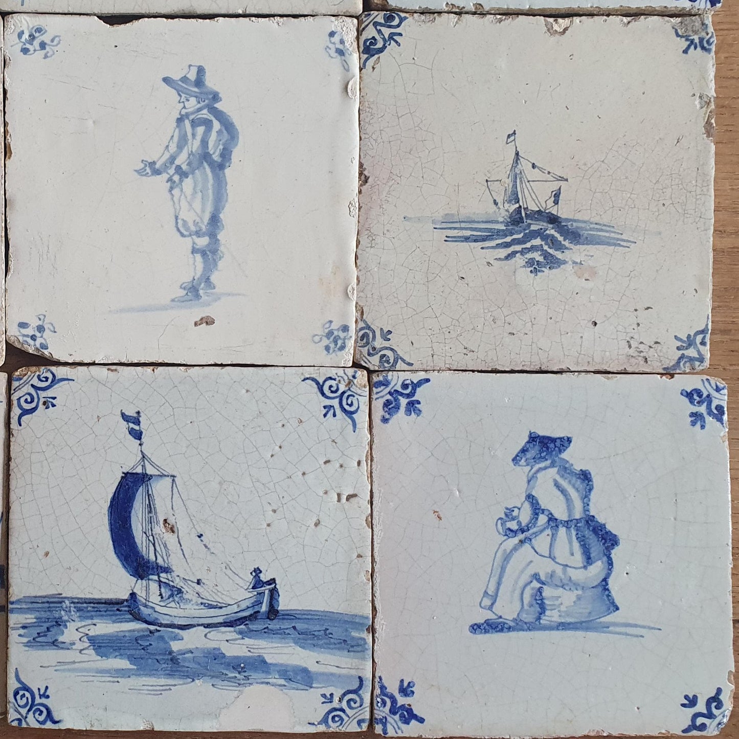 16 x Antique Delft Mix Tiles, 17th-18th  Century Dutch Wall Decor. figuetile