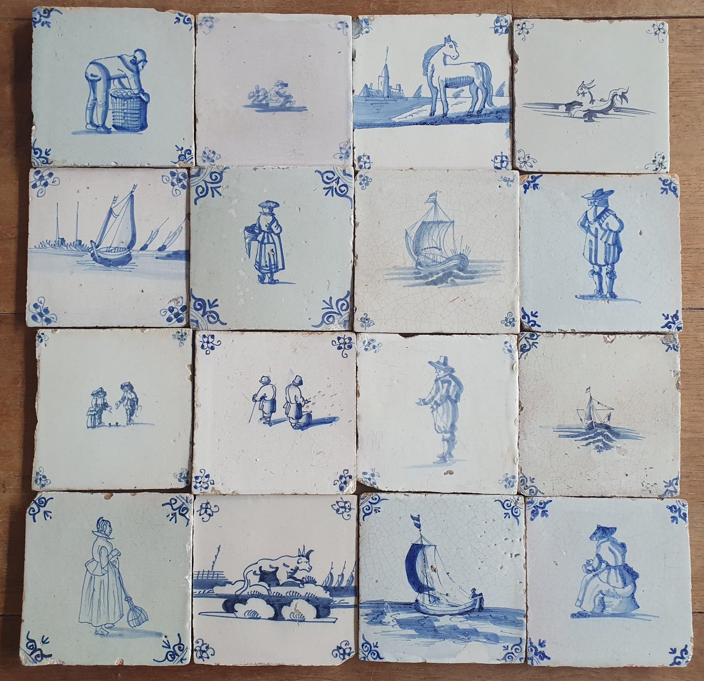 16 x Antique Delft Mix Tiles, 17th-18th  Century Dutch Wall Decor. figuetile
