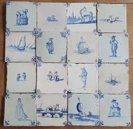 16 x Antique Delft Mix Tiles, 17th-18th  Century Dutch Wall Decor. figuetile