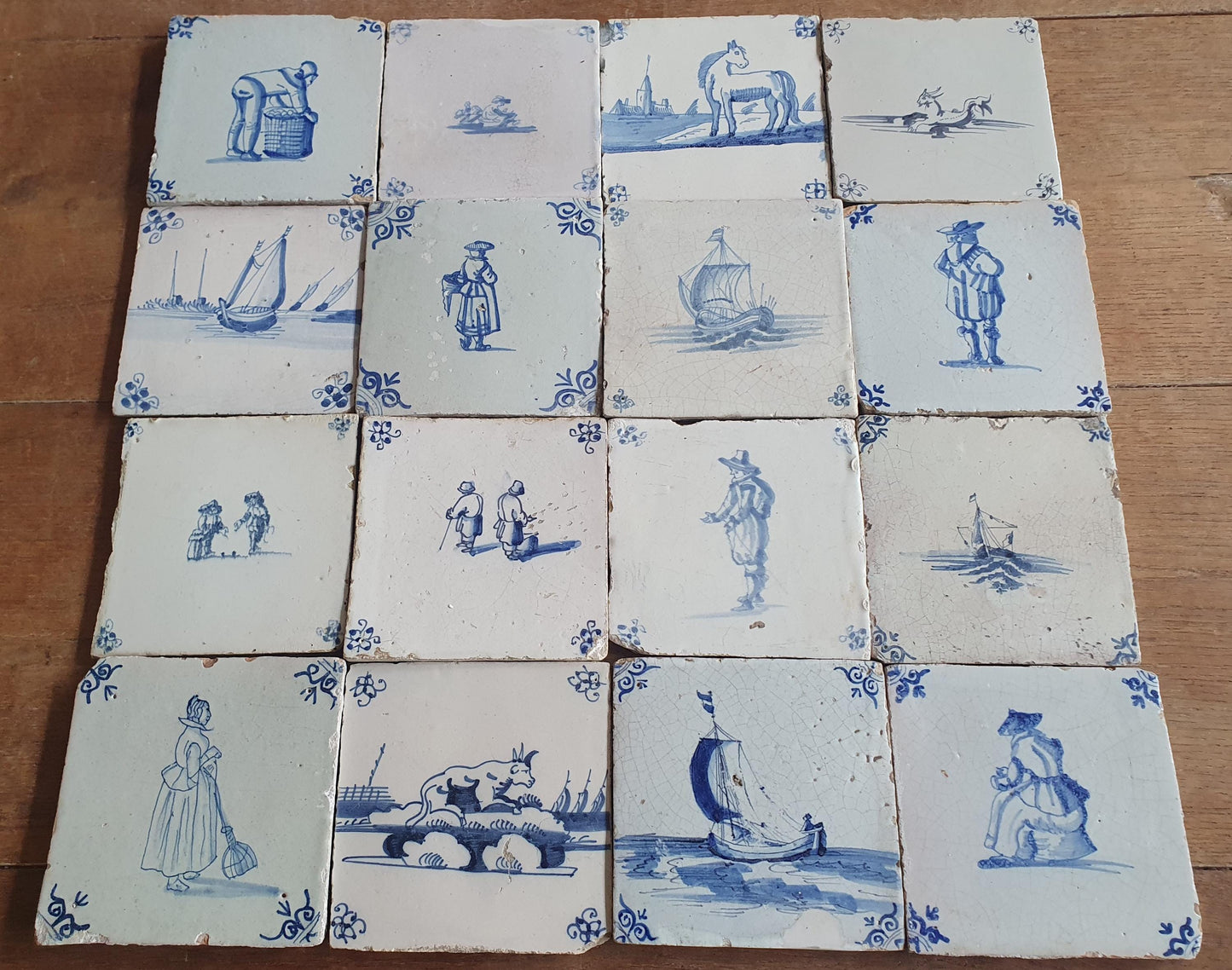 16 x Antique Delft Mix Tiles, 17th-18th  Century Dutch Wall Decor. figuetile
