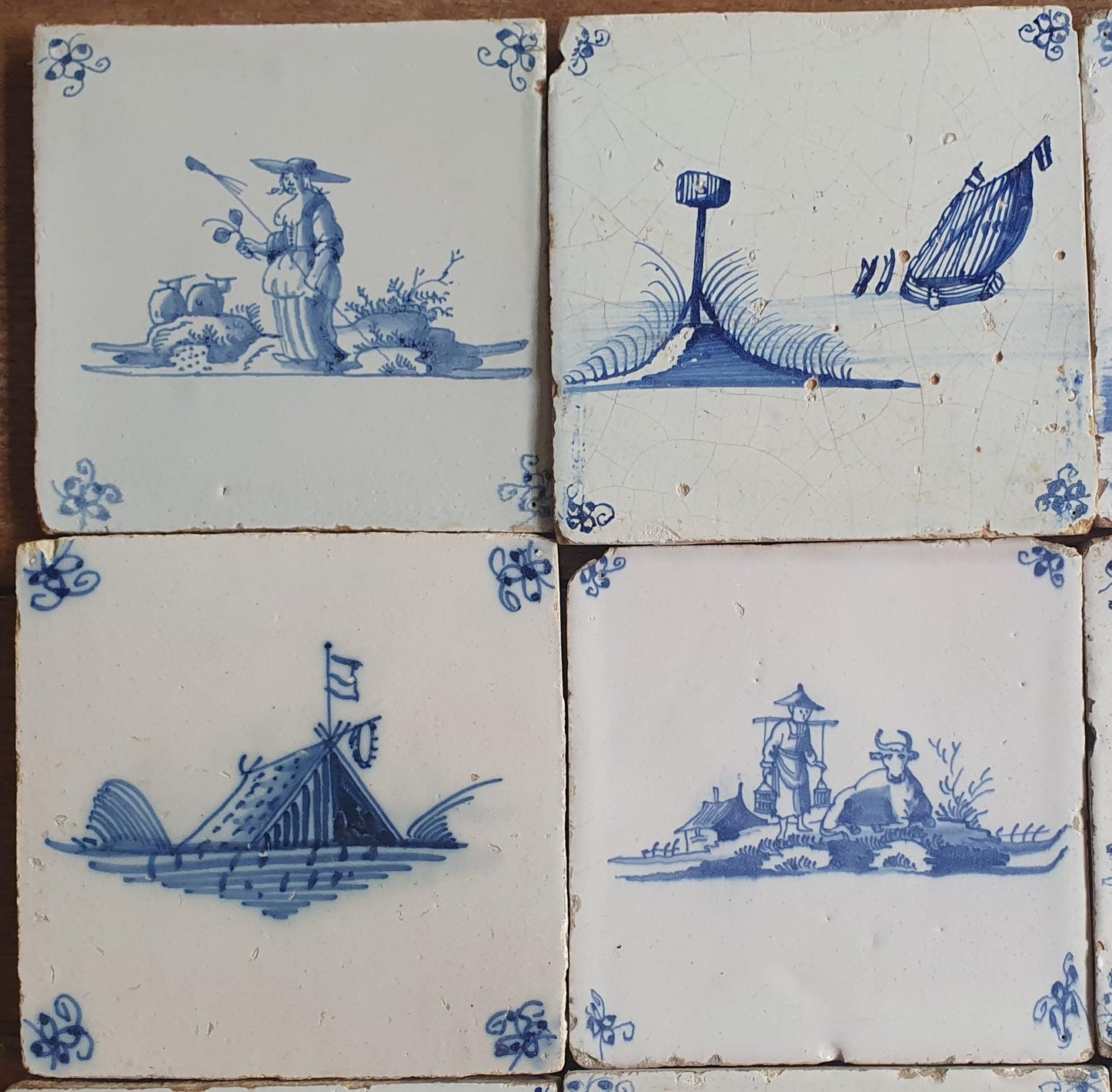 16 x Antique Delft Mix Tiles, 17th-18th  Century Dutch Wall Decor. figuetile