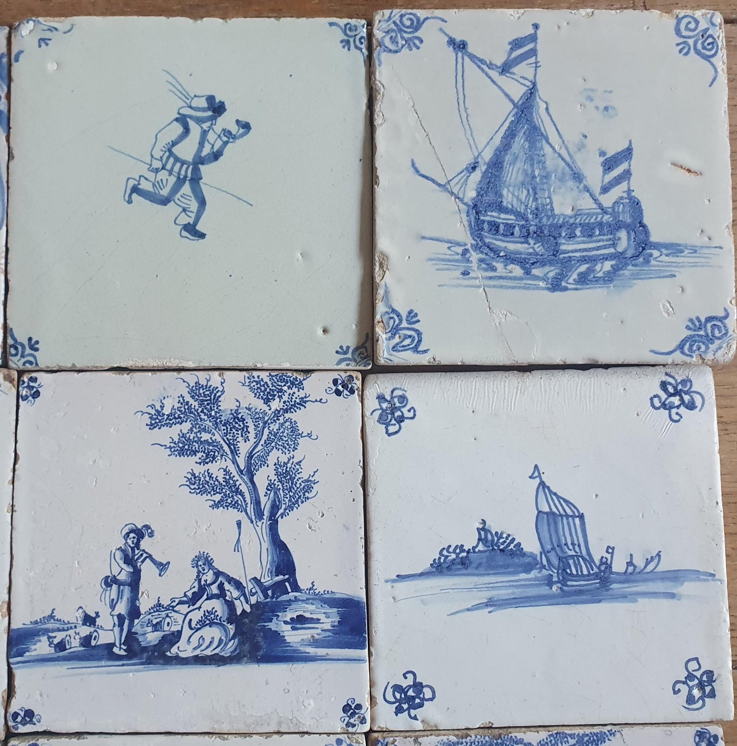 9 x Antique Delft Mix Tiles, 17th-18th  Century Dutch Wall Decor. figuetile