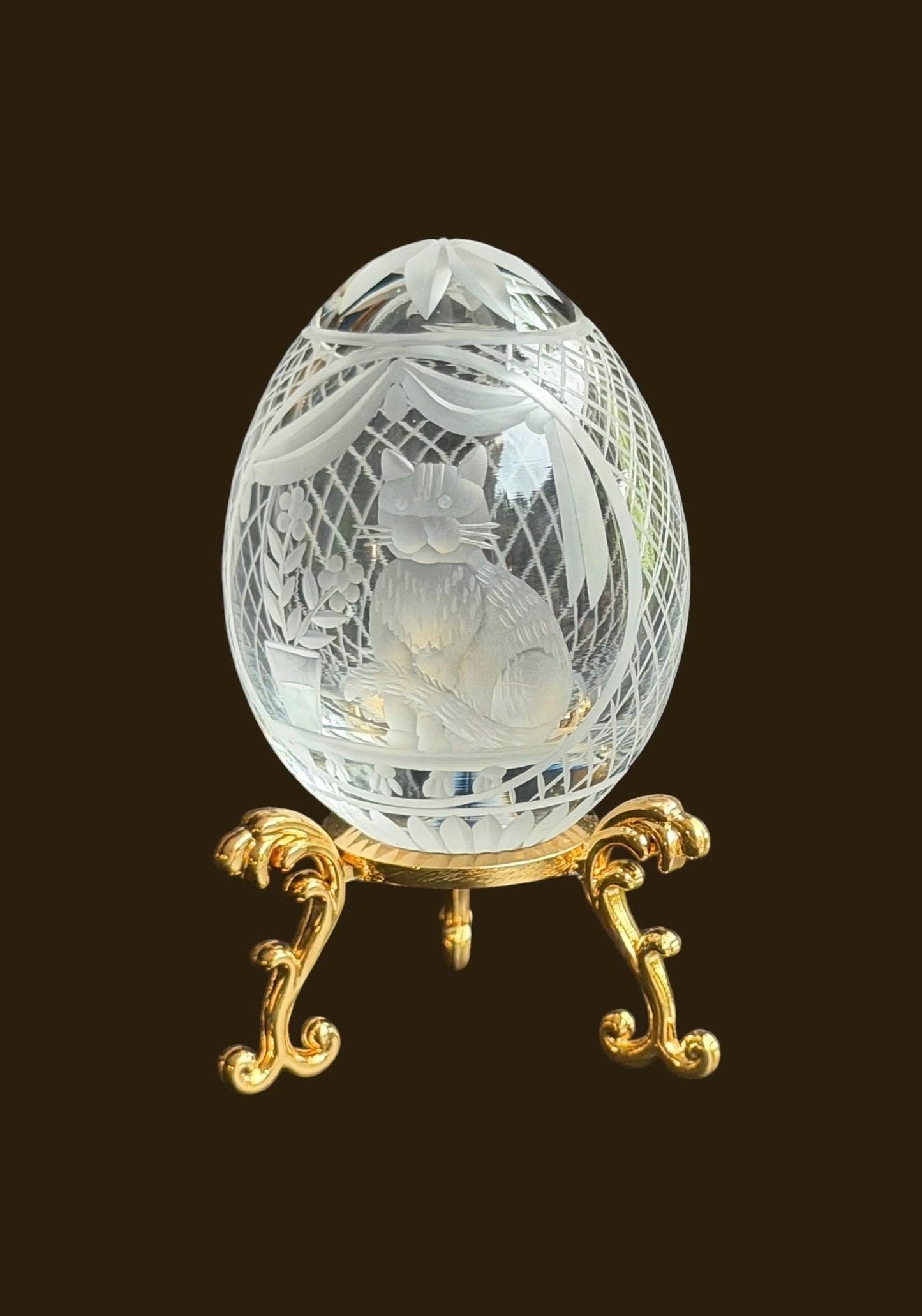 Faberge Cat Crystal Egg, etched engraved Limited Edition, signed, numbered Fabergé - perfect Collector object