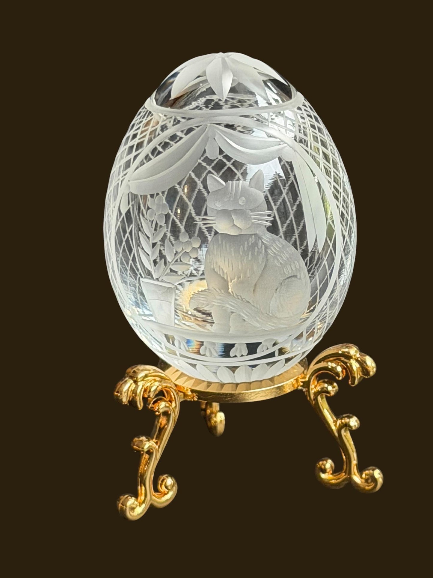 Faberge Cat Crystal Egg, etched engraved Limited Edition, signed, numbered Fabergé - perfect Collector object